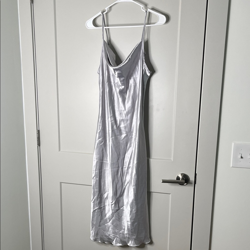 bebe Silver Satin Midi Dress with Cowl Neck